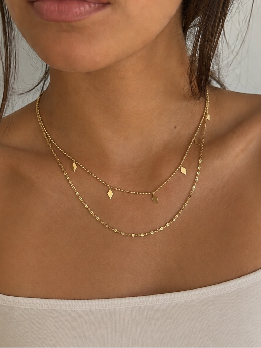 18K Gold Plated Double Layer Geometric Charms Dainty Chain Necklace